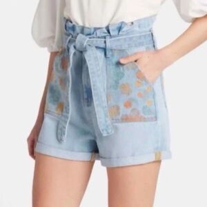 Driftwood Paperbag High Rise embroidered pocket tie waist jean shorts size 30